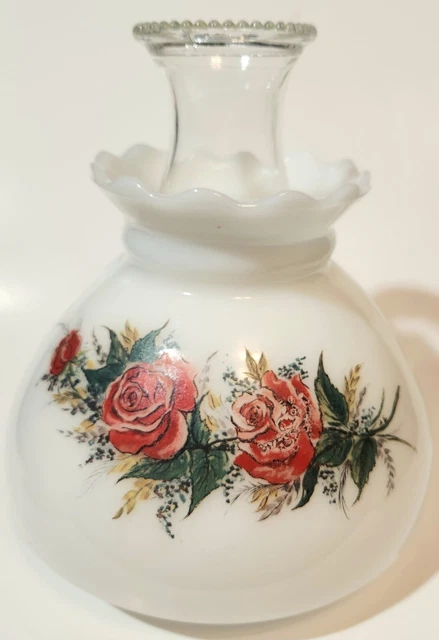 Hurricane GWTW Hand Painted Red Roses Milk Glass Lamp Shade ~ 8 " Fitter 6"