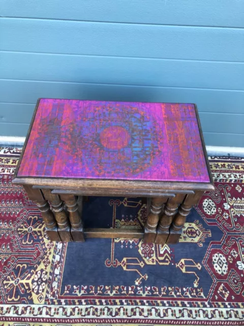 Vintage Nest Of Oak Three Tables / Upcycled Nest Of Coffee Tables 2