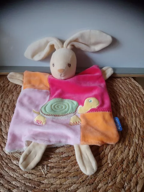 Doudou plat marionnette lapin beige rose orange tortue Kaloo