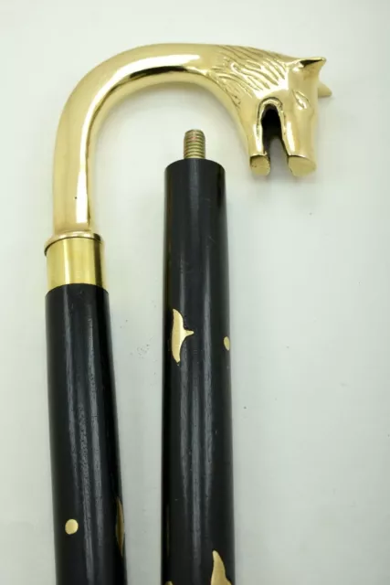 Brass Wolf Head Handle Walking Stick Cane Black Wood Gold Inlay 37" Comes 3piece 2