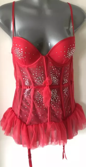 Victoria's Secret Red Rhinestones Underwired Bustier Corset Bra Suspenders 36B