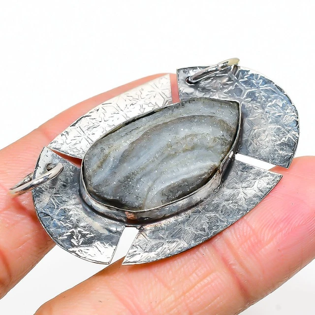 Desert Rose Druzy Ethnic Handmade 925 Sterling Silver Jewelry Pendant 1.26" L091