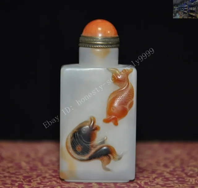Chinese Natural Agate Onyx carved lucky animal flower double fish snuff bottle