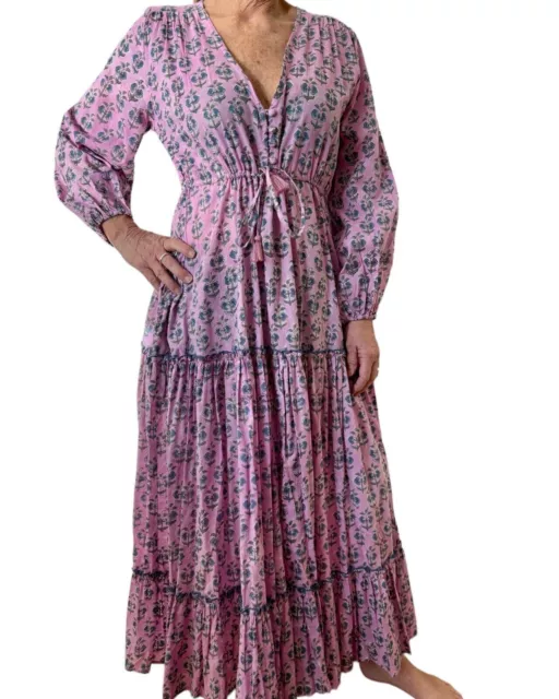 DA For Free People Long Boho Indian Cotton Block Print Dress With Pockets L
