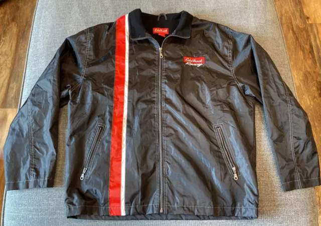 EDELBROCK RACING Shop Jacket Size LARGE Windbreaker Lined BLACK Hot Rod Gas Oil