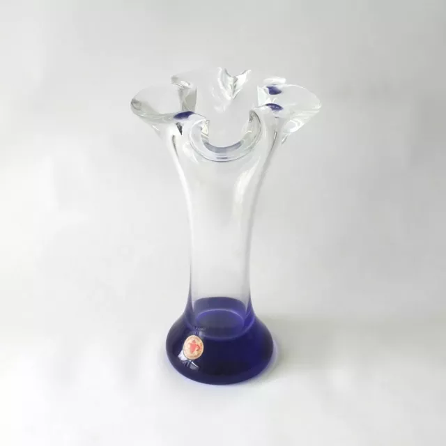 Atelier Beranek Czech Art Glass Vase Ruffled Flower Shape Rim Cobalt Blue Base