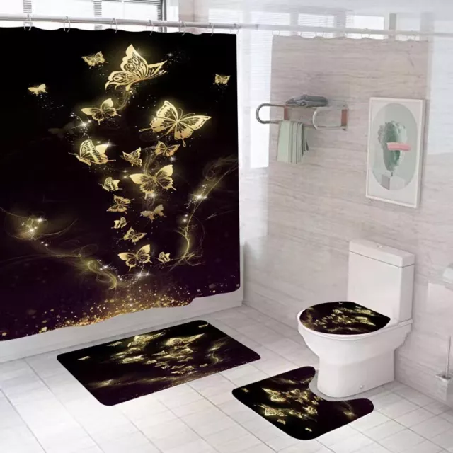 UK Water proof Shower Curtain Bathroom Bath Mat Toilet Lid Cover Rug Set NEW