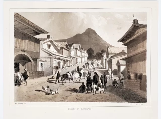 1856 Hakodadi Japan Street Scene Lithograph Wilhelm Heine ORIGINAL RARE