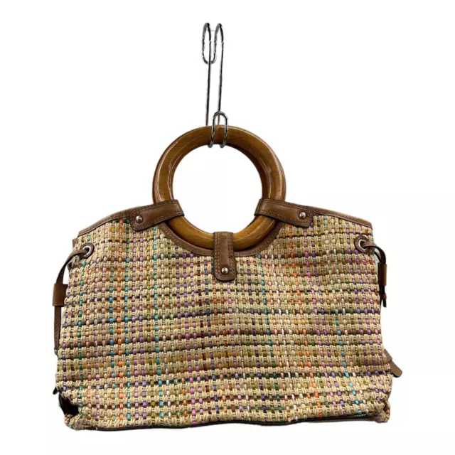 Vintage Fossil Womens Tote Bag Multicolor Woven Straw Dual Round Wooden Handles