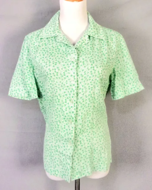 Camisa Top Mod Rockabilly Gasa 12 Verde Blanca Blanca Pequeña Floral Vintage Años 70
