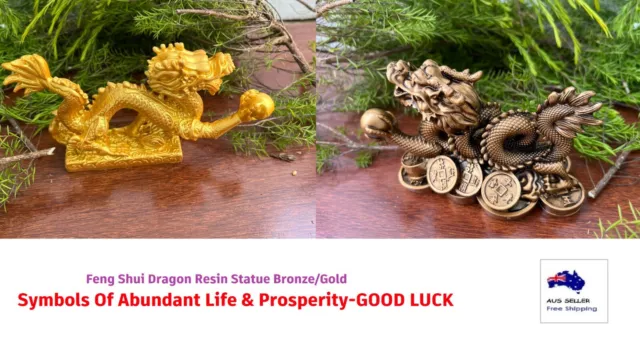 Feng Shui Dragon Symbols Of Abundant Life & Prosperity Resin Statue Bronze/Gold