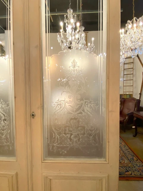 Antique French Figural Etched Glass Double Doors 133 x 62 2