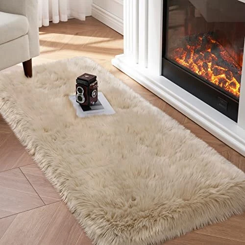 Faux Fur Rug Beige Small Fluffy Rug for Sofa Chair Couch Cover 2x4 Feet Ultra...