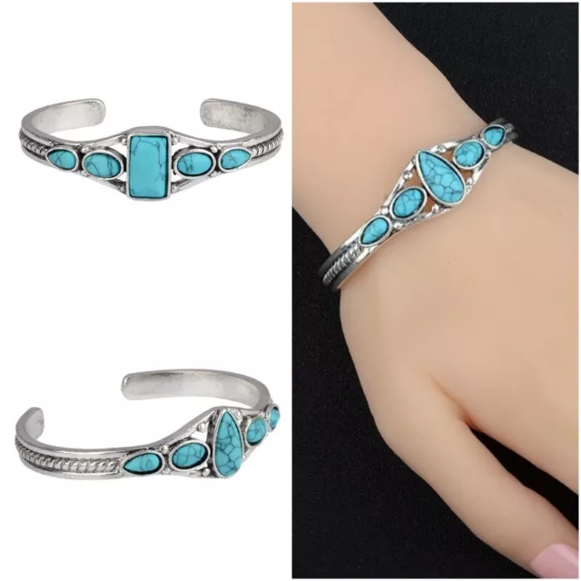 925 Silver Indian Turquoise Open Bangle Cuff Bracelet Women Wedding Jewelry Gift