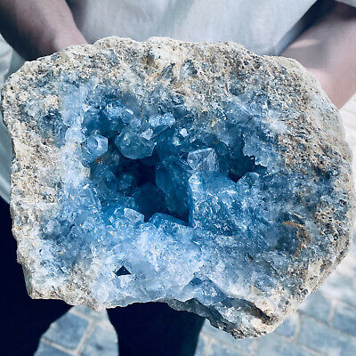 12.58LB natural blue celestite geode quartz crystal mineral specimen healing.