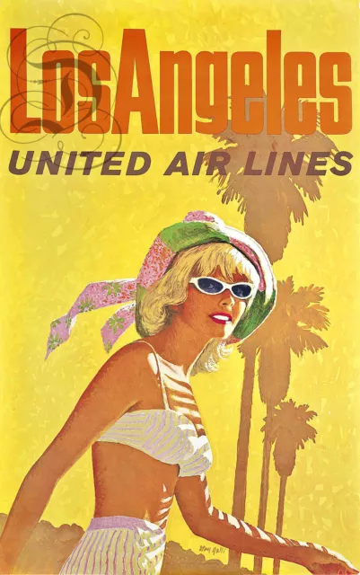 Repro Affiche Los Angeles United Airlines Avion Usa  Sur Papier 310 Ou 190 Grs