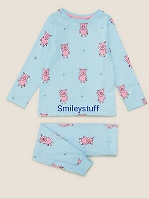 🐷 BNWT Girls Marks & Spencer M&S Blue PERCY PIG Print Pyjamas Age 10 - 11 Years