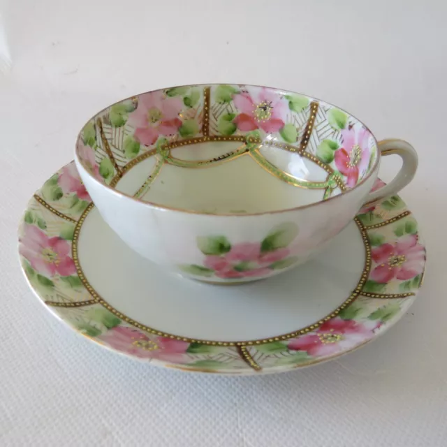 Vtg Nippon Hand-Painted Tea Cup & Saucer Delicate Pink Floral w Gold Garland