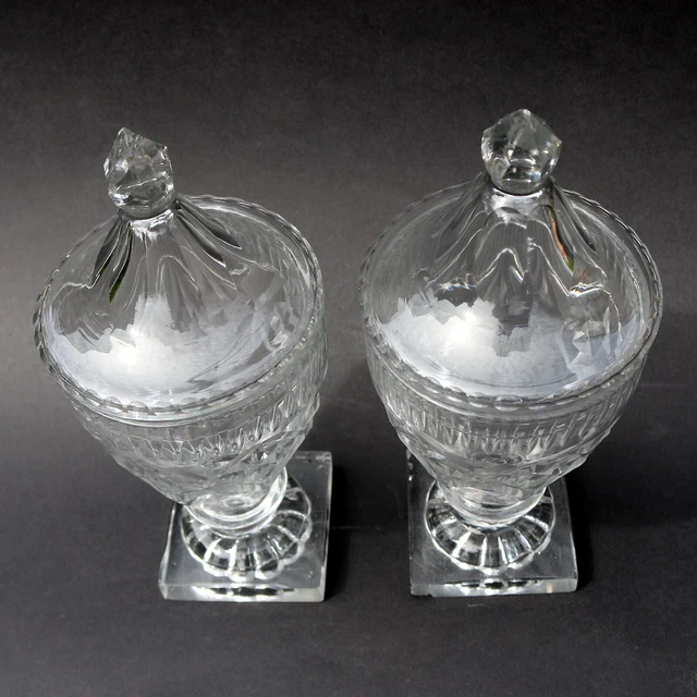 A pair of antique Georgian Irish small cut glass Urns / Bon Bon Jars C.1790 6