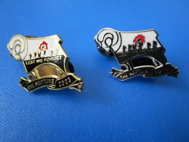 2 x DERBY COUNTY  2023  POPPY BADGES  lest we forget - the neptune gold & silver