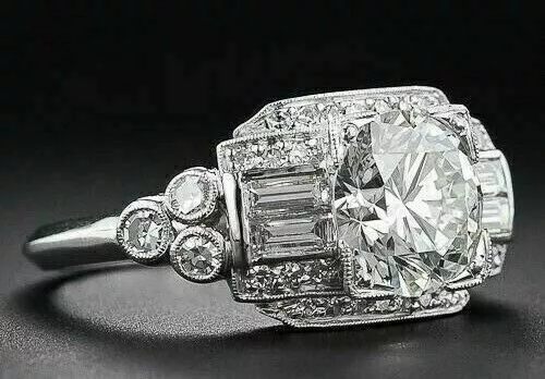 Art Deco 3.4Ct Round Cut Lab-Created Diamond Wedding 14Ct White Gold Filled Ring