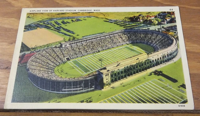 c1930s COLOR Postcard//AIRPLANE VIEW OF HARVARD STADIUM, CAMBRIDGE, MA