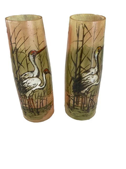 Lot De 2 Vases En Verre Peint Style Oriental - Signés Laiguelet, Occasion