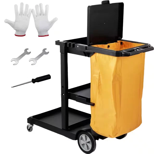 200 Lbs. Janitorial Trolley Cleaning Cart with PVC Bag and Cover Commercial Jani