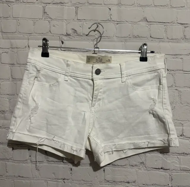 Hollister Women's Midi Denim Shorts W30 Size UK 10 White Cream Pockets Zip Up
