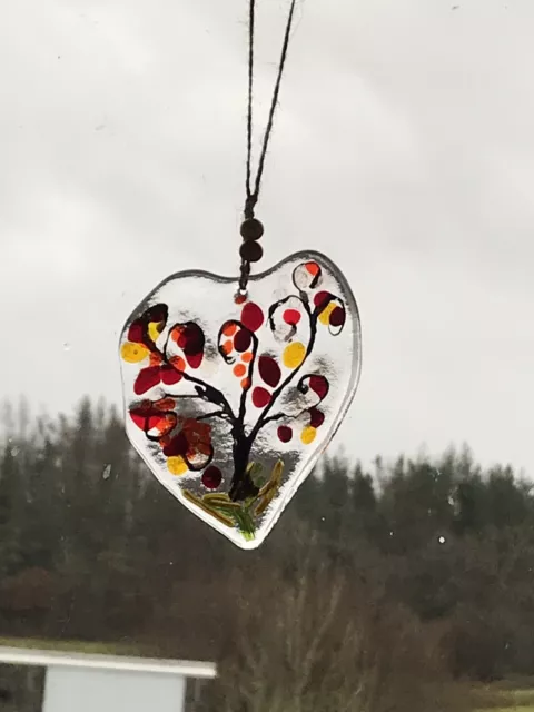 Fused Glass Whimsical Tree Heart Suncatcher. Handmade