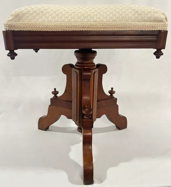 Antique 19th C Victorian Eastlake Walnut Upholstery Non-Adjustable Piano Stool