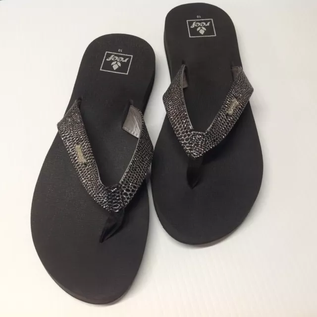REEF Black Glitter Star Cushion Sandals Flip Flops Womens Size 10