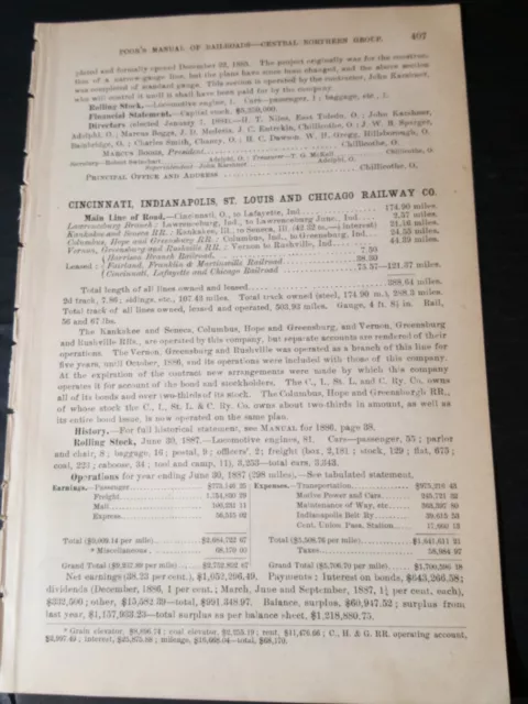 1888 train report CINCINNATI INDIANAPOLIS ST LOUIS & CHICAGO RAILWAY railroad