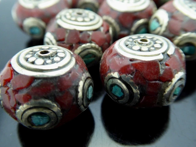 Vintage Nepalese Natural Inlaid Coral Turquoise Rondelle Pendant Focal Bead 1 Pc 3