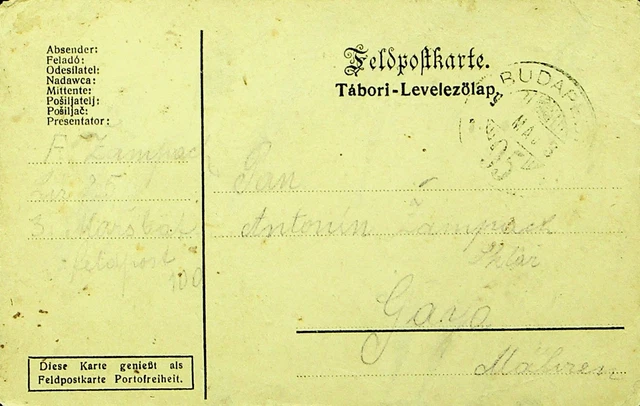 Österreich Ungarn 1915 WWI SOLDATEN Gratis Post Feldpost Karte Budapest To Czech