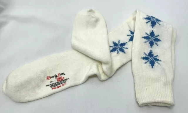Vintage Ivory w/ Blue Snowflakes Hanes Red Label Beverly Jane Orlon Socks 10-11