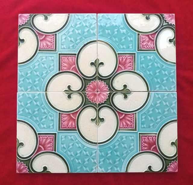 4 Piece Old Art Floral Embossed Design Majolica Ceramic Tiles Japan 0389