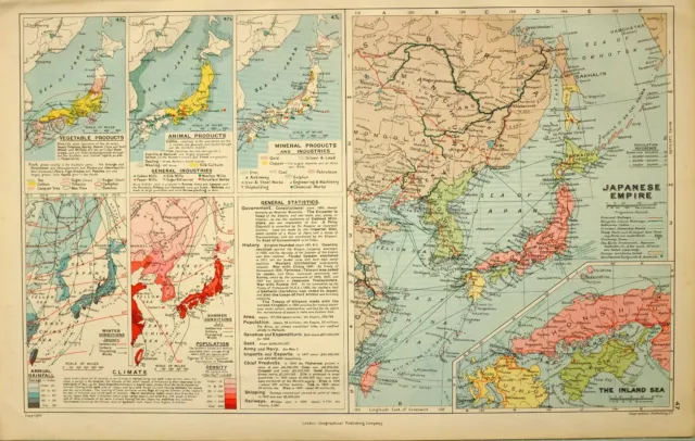 1909 Map Japanese Empure Inland Sea Rainfall Climate Population Industries
