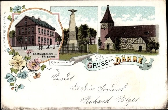 Litho Dähre in der Altmark, Gastwirtschaft, Kirche, Kriegerdenkmal - 3259757