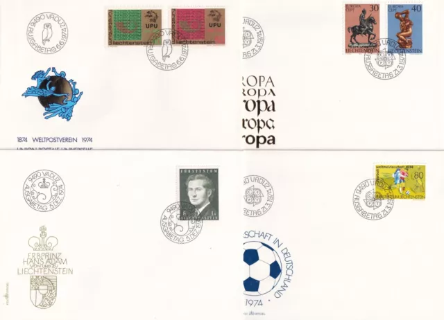 Liechtenstein, 9 verschiedene FDC mit dem kompletten Jahrgang 1974