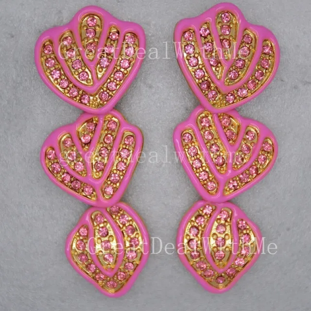 Oscar de la renta Huge Enamel Pink CZ Drop dangle Earrings Leaf Heart For Women