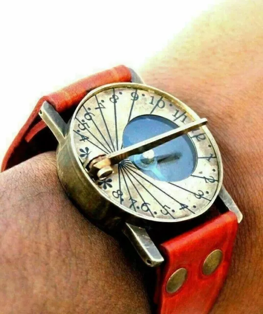 Compass Wrist Watch Brass Sundial Nautical  Leather Steampunk