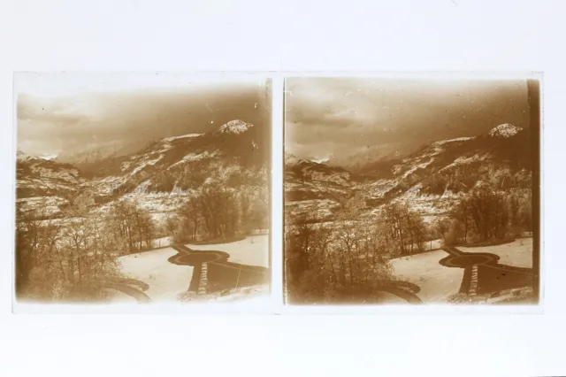 France Neige Montagne Photo Stereo Plaque de verre Th4n31 Vintage
