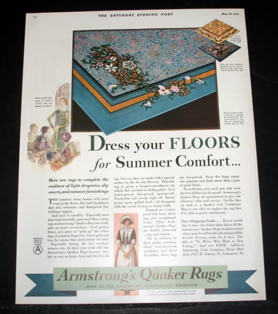 1929 Old Magazine Print Ad, Armstrong's Quaker Rugs, Dress Floors For Comfort!