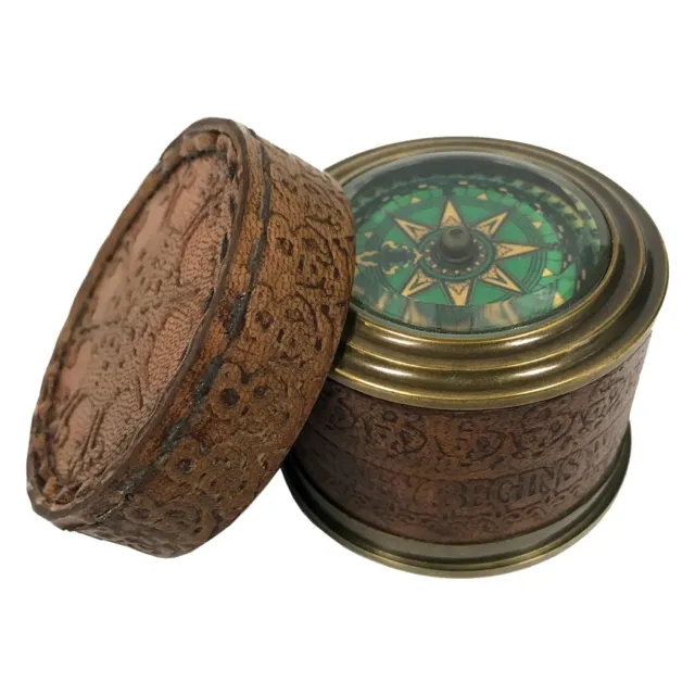 2-3/4" Brass Compass in Decorative Embossed Leather-Wrapped Cylinder Case