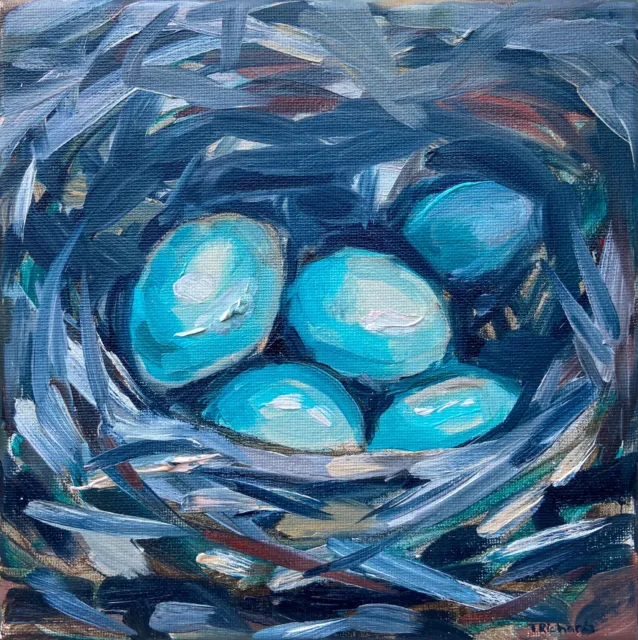 Oil painting ORIGINAL art Eggs blue jay nest artwork small wall art 8x8"