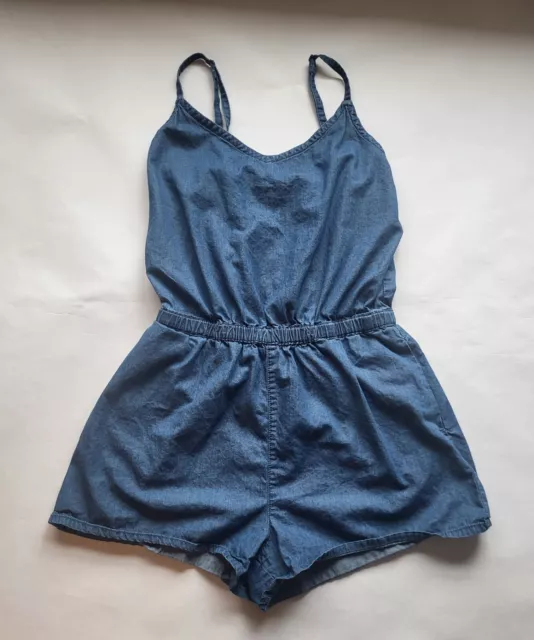 Forever 21 Romper Womens Medium Blue Chambray Shorts Adjustable Spaghetti Straps