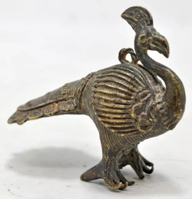 Antique Brass Peacock Figurine Original Old Very Fine Hand Crafted Engraved