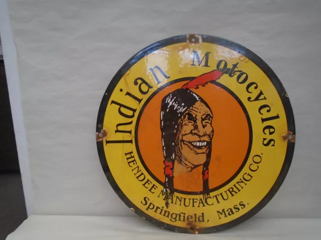 Unusual INDIAN MOTORCYCLES round enamel sign REALLY COOL ADVERTISING SIGN wow Unusual INDIAN MOTORCYCLES round enamel sign REALLY COOL ADVERTISING SIGN wow