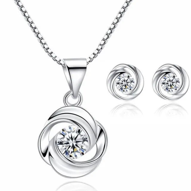 925 Sterling Silver Stud Earrings Necklace Sets Womens Crystal Swirl Jewelry Set